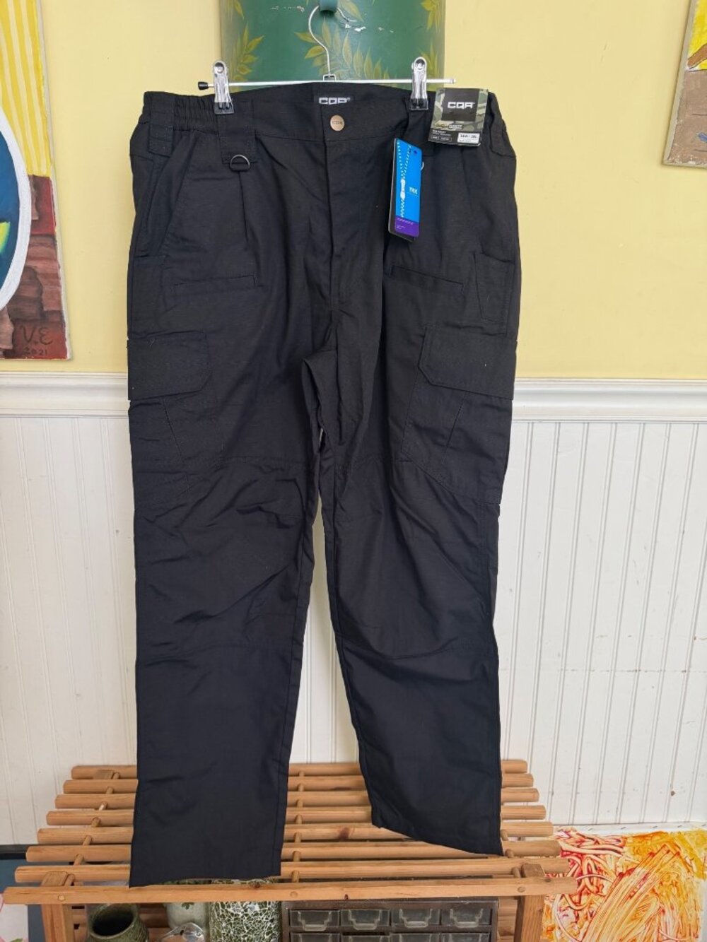 CQR Tactical Cargo Pants Duratex Ripstop Black 34W/30L Polyester Cotton Blend